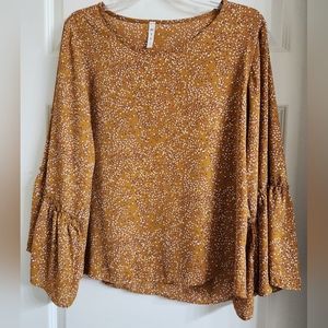 Beautiful Gold/Caramel top w/full sleeves-ruffle detail.Print wMulti color dots